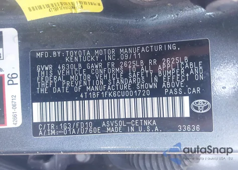 2012 Toyota Camry Le z USA, uszkodzony, nr VIN 4T1BF1FK6CU001720